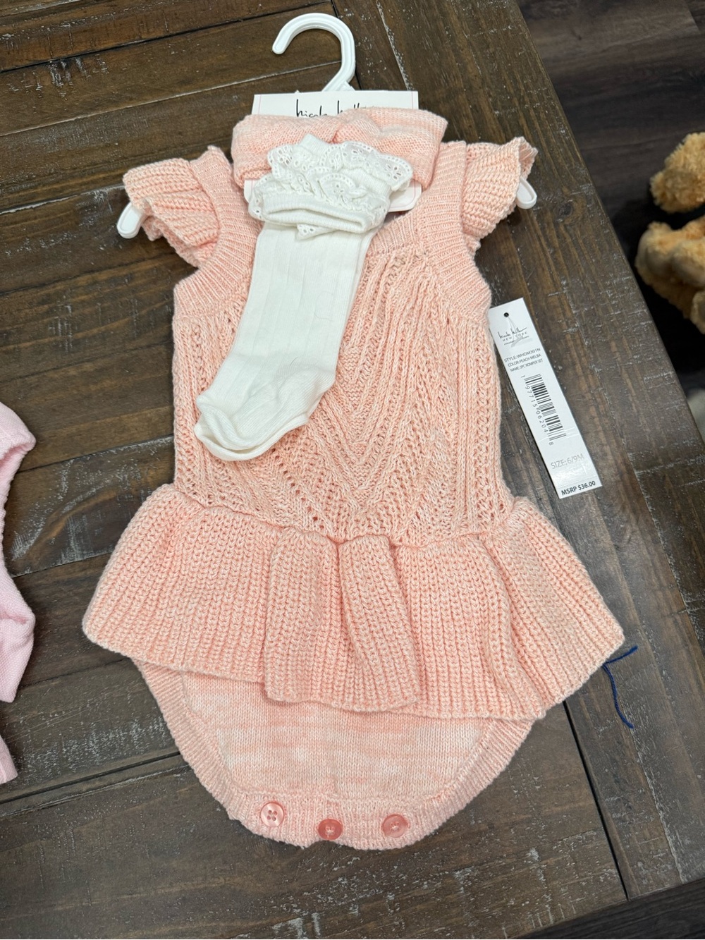 Nicole Miller Peach Knit Peplum Baby Onesie with Cream Lace Tights